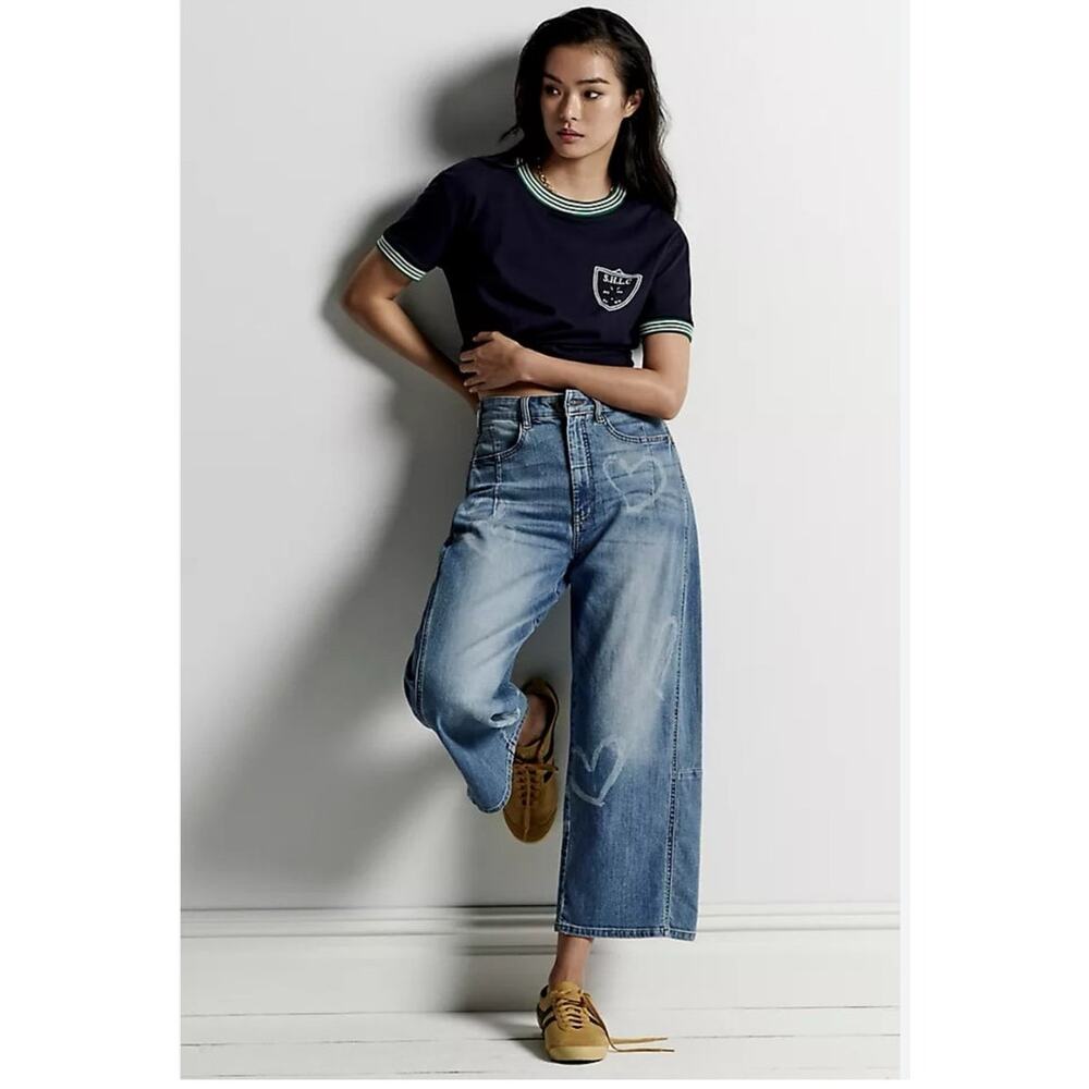 Anthropologie Pilcro Kenna Mid-Rise Heritage Barrel Jeans Icon Hearts Size 30 - Picture 5 of 16